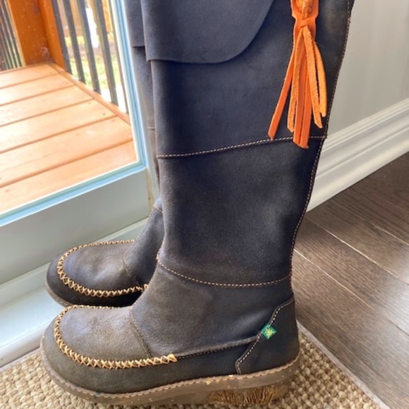 EL NATURALISTA tall leather boots US 6-6.6 (37 EU) dark brown decorative fringe - Picture 1 of 16